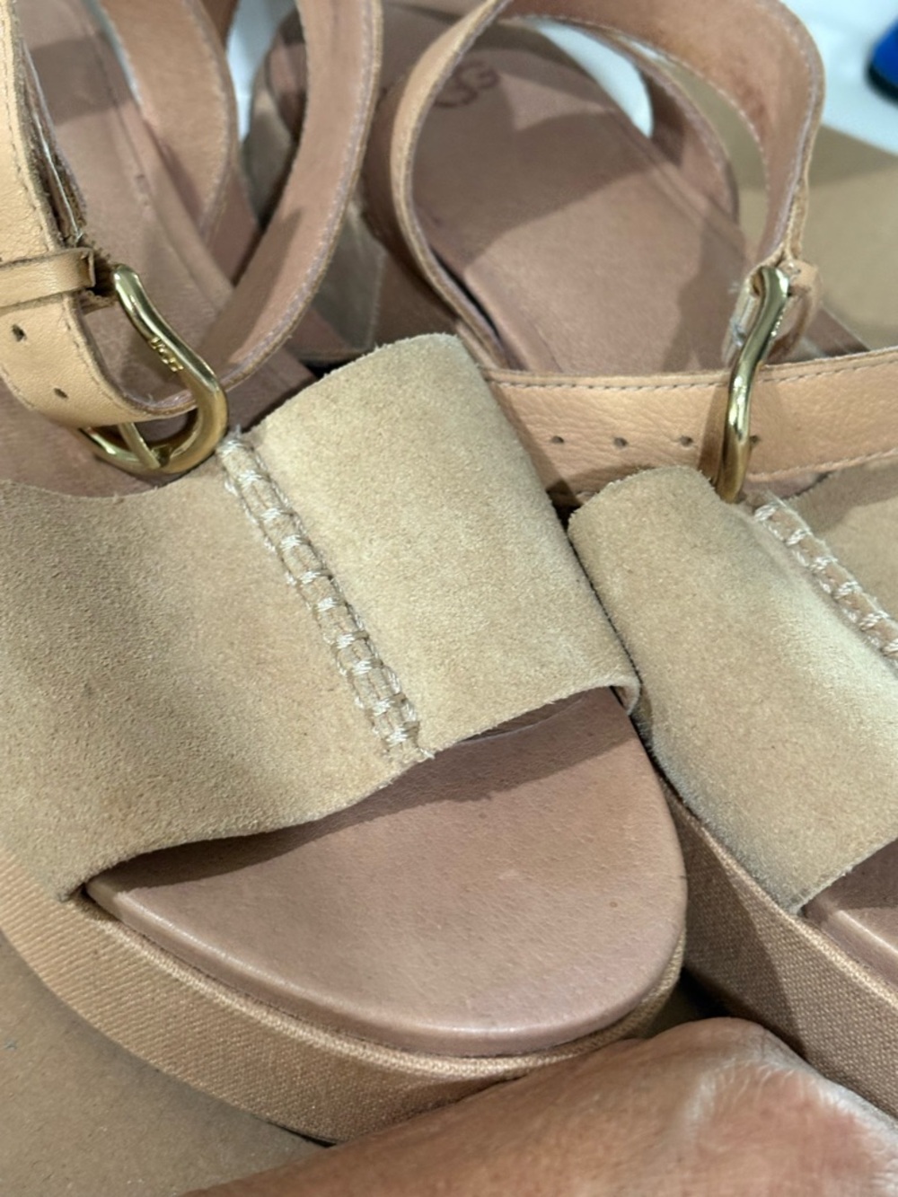 Women’s UGG Suede Tan Platform Sandals with Ankle Strap Preowned size 7.5 - Picture 9 of 11